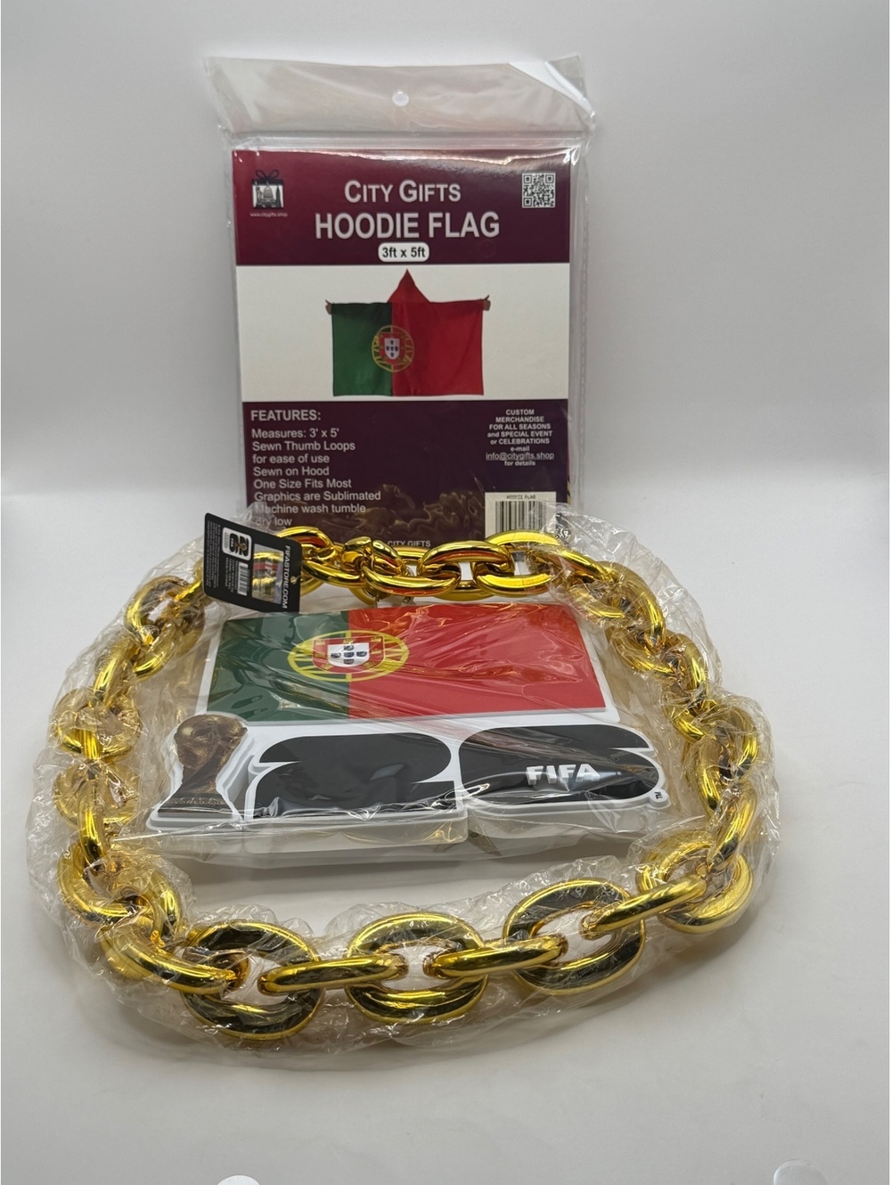 FIFA Portugal hoodie and gold fan chain.